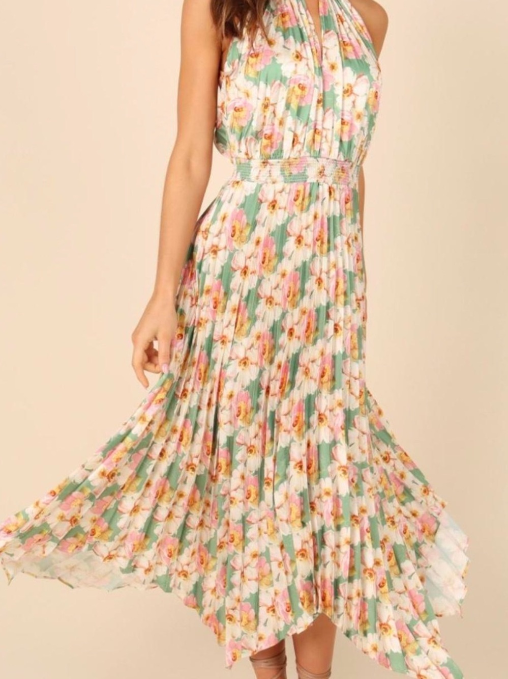 Petal & Pup Dominique Floral Pleated Midi Halter Dress